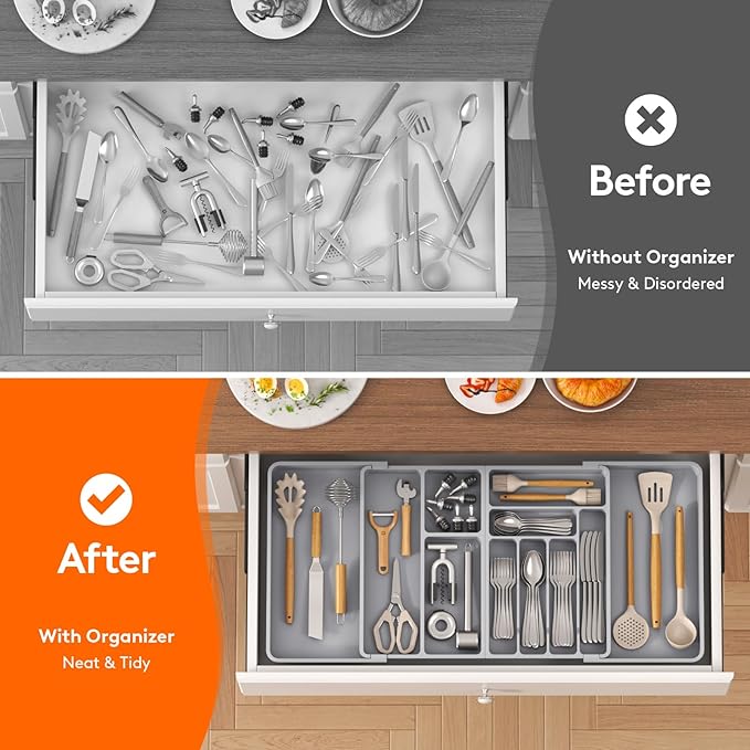 Lifewit Large Silverware Drawer Organizer, Plastic Cooking Utensil Tray - Image 7