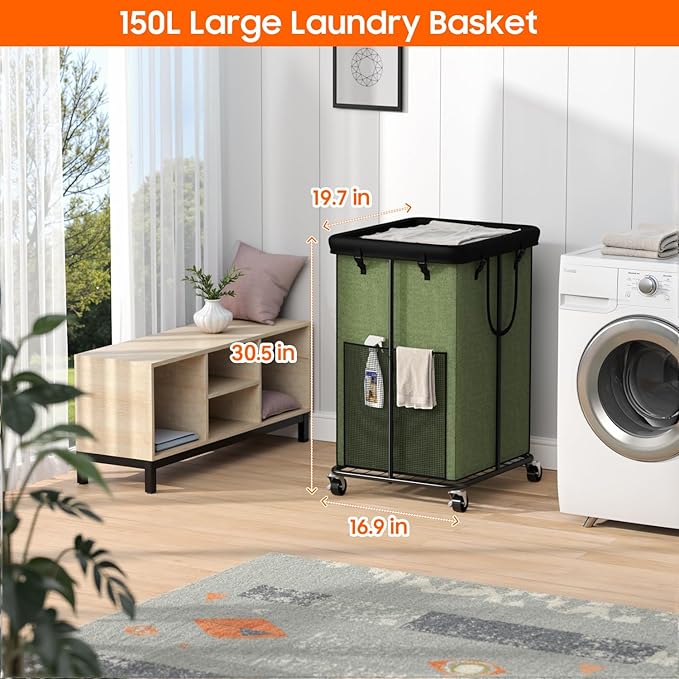 150L Laundry Hamper with Wheels, Rolling Laundry Basket with Metal Frame and - Image 2