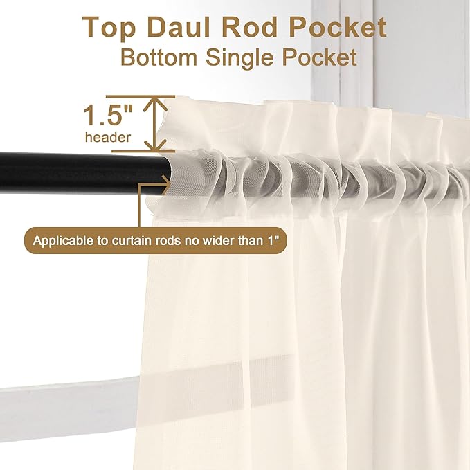 Chyhomenyc Cream Sheer Curtains 63 Inches Long 2 Panels Set- Light Filtering - Image 5