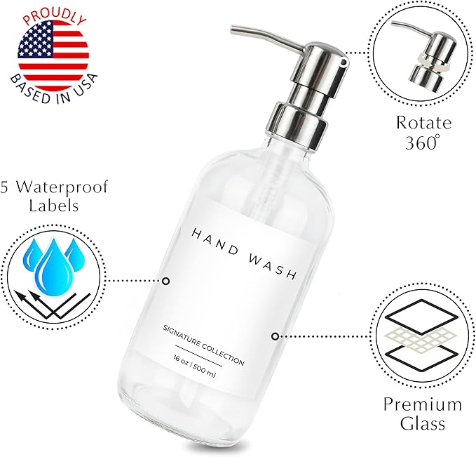 Emerson Essentials Glass Soap Bottle Dispensers, 2 Pack, Stainless-Steel Pumps - Image 3