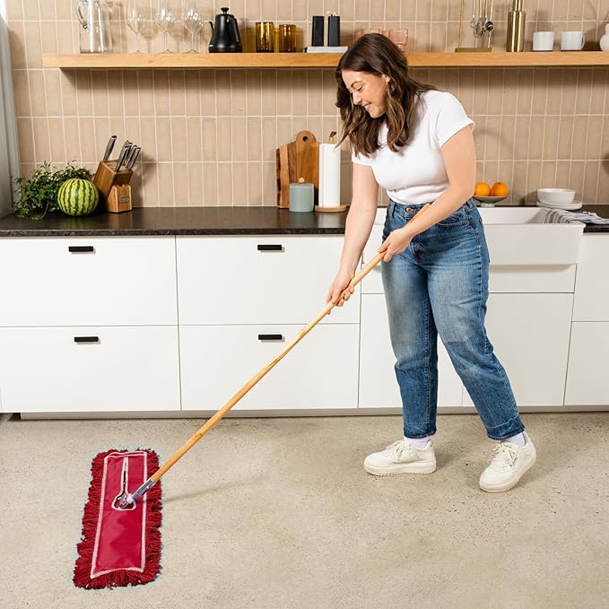 24 Inch Red Commercial Dust Mop & Floor Sweeper – Wood Handle Floor Mop - Image 2