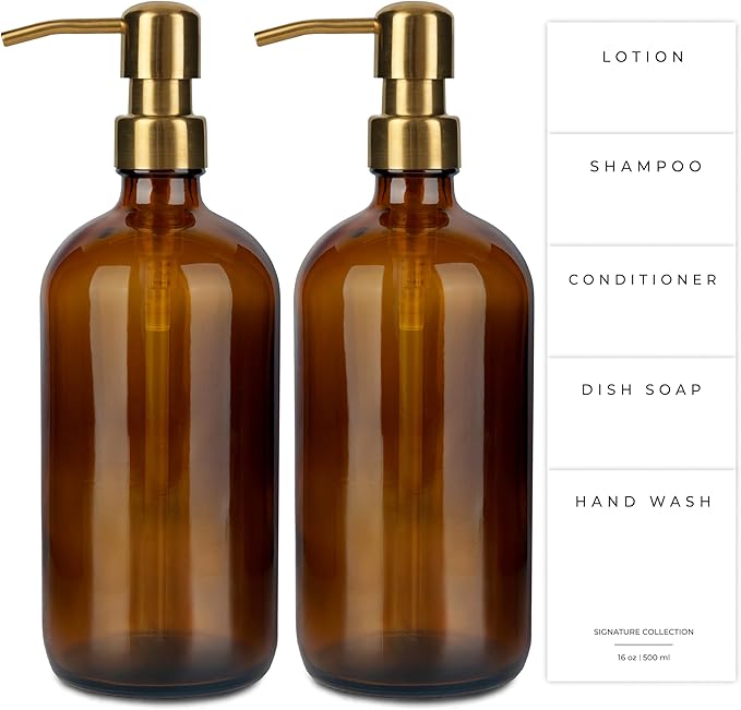 Emerson Essentials Glass Soap Bottle Dispensers, 2 Pack, Stainless-Steel Pumps by Emerson+Essentials