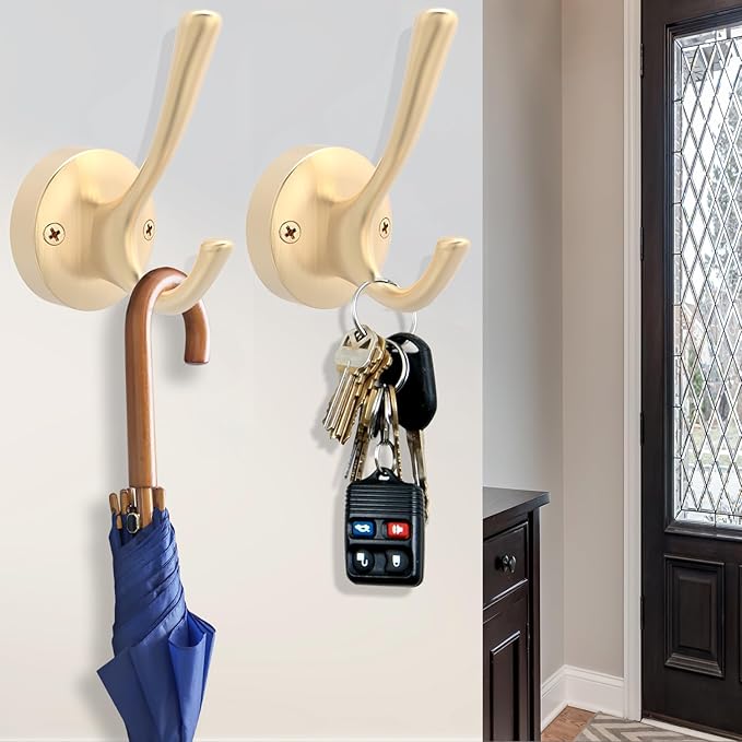 Gold Hat and Coat Hooks, 4 Pack Heavy Duty Coat Robe Hook, Metal Double - Image 3