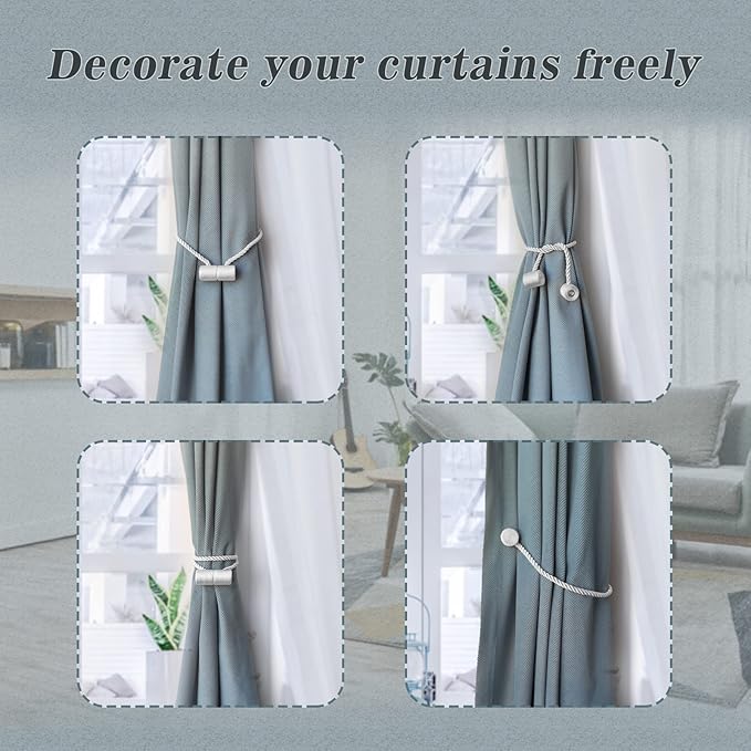 Hion Magnetic Curtain Tiebacks White 6 Pack, Curtain Tiebacks Buckles Holdbacks - Image 4