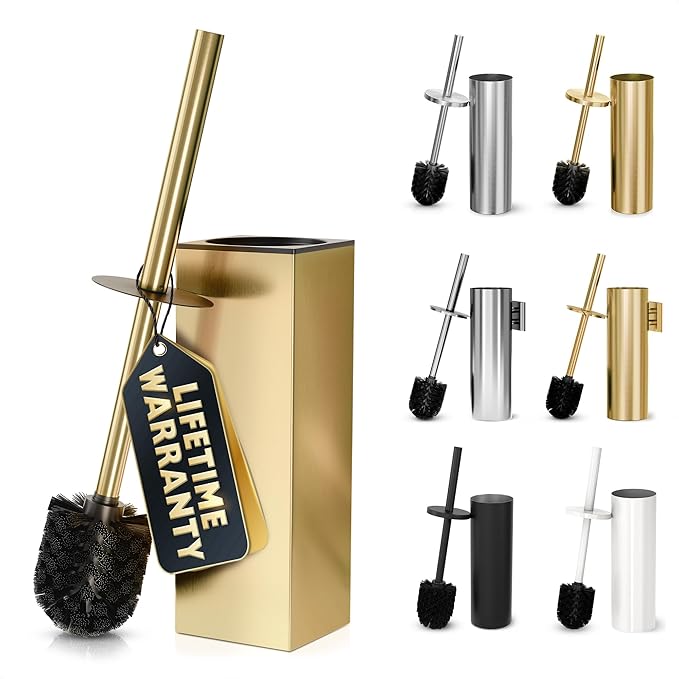 Stainless Steel Toilet Brush and Holder Set Gold & Square Design by Novsix