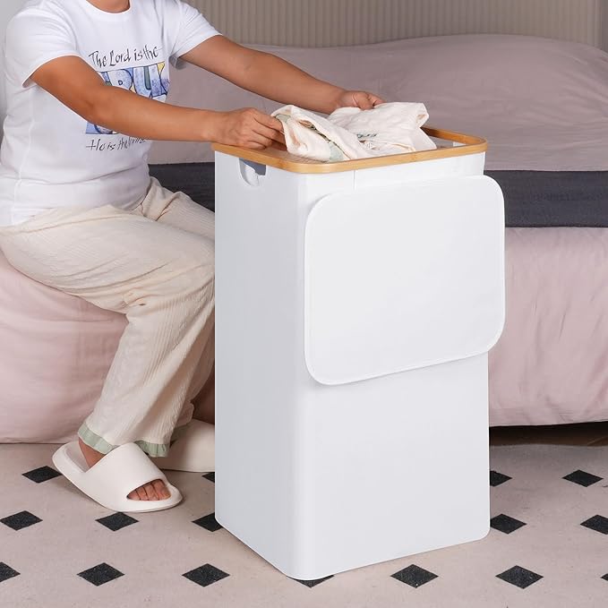 efluky Laundry Hamper with Lid, 100L Tall Laundry Basket with Bamboo Handles - Image 6