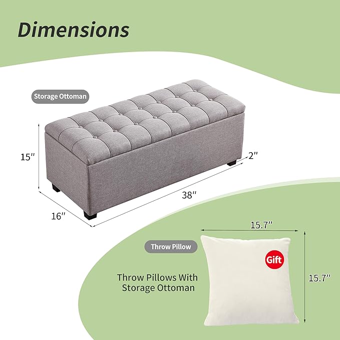 Ottoman with Storage 38 inches, Furniture End of Bed Storage Benches, Long - Image 2
