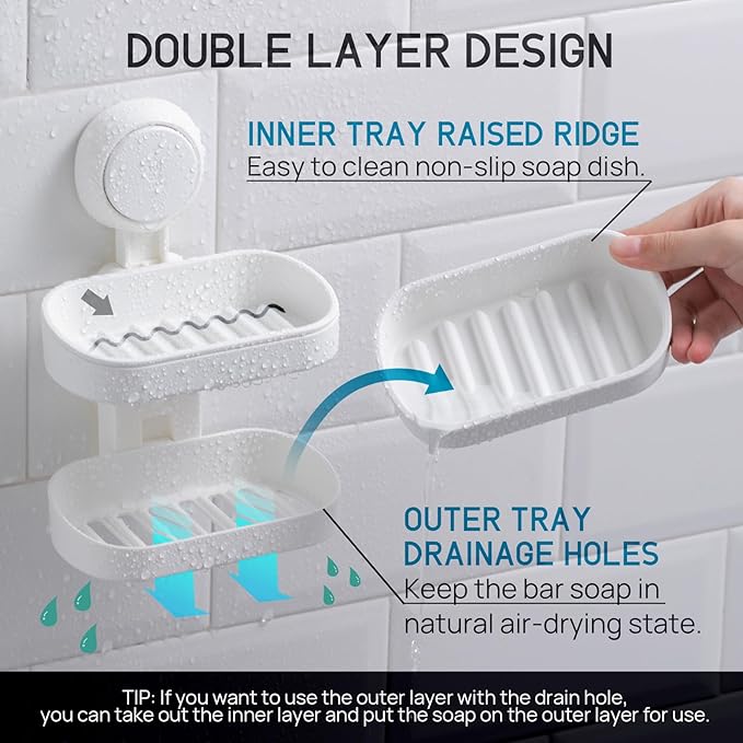 LEVERLOC Soap Dish Holder for Shower Double Layer Suction Cup Wall Mounted - Image 2