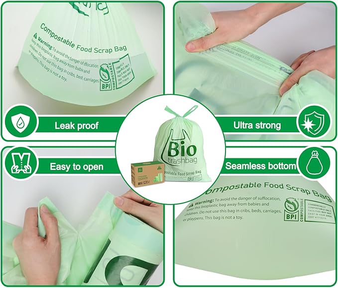 13 Gallon Compostable Trash Bags, Biodegradable Drawstring Compost Food Waste - Image 3