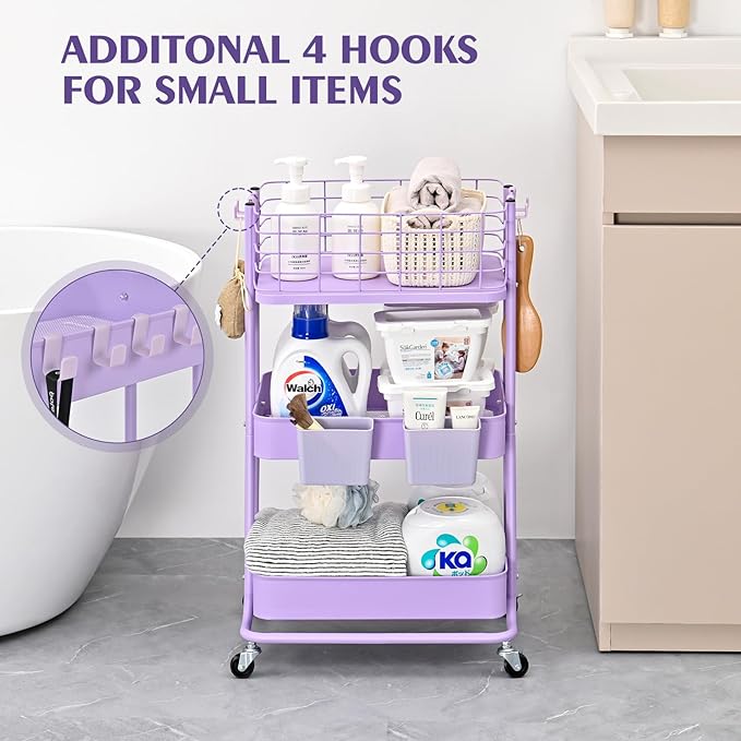 KINGRACK 3 Tier Rolling Cart, Metal Mobile Storage Shelf - Image 5