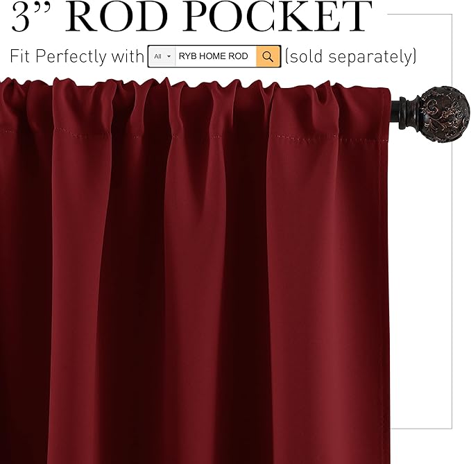 RYB HOME Red Curtains Blackout Window Covering Light Blocking UV Protection - Image 2