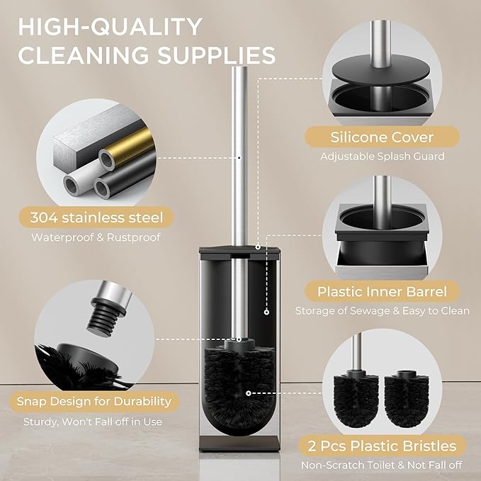 FORIOUS Toilet Brush and Holder Set, Heavy Duty 304 Stainless Steel Base Square - Image 2