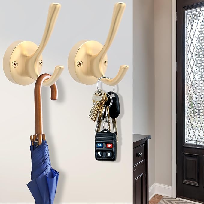 Gold Wall Hooks, 5 Pack Coat Robe Hook Heavy Duty Metal Double Bath Hook Wall - Image 8