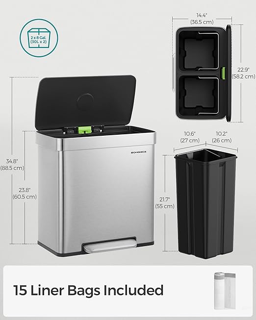 SONGMICS Kitchen Trash Can, 16 Gallon Dual Compartment Garbage Can, 60L Pedal - Image 5