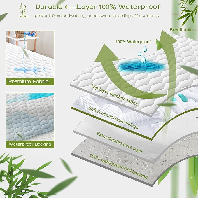 GRT Full Mattress Protector Waterproof, Rayon from Bamboo, Cooling Quilted - Image 2