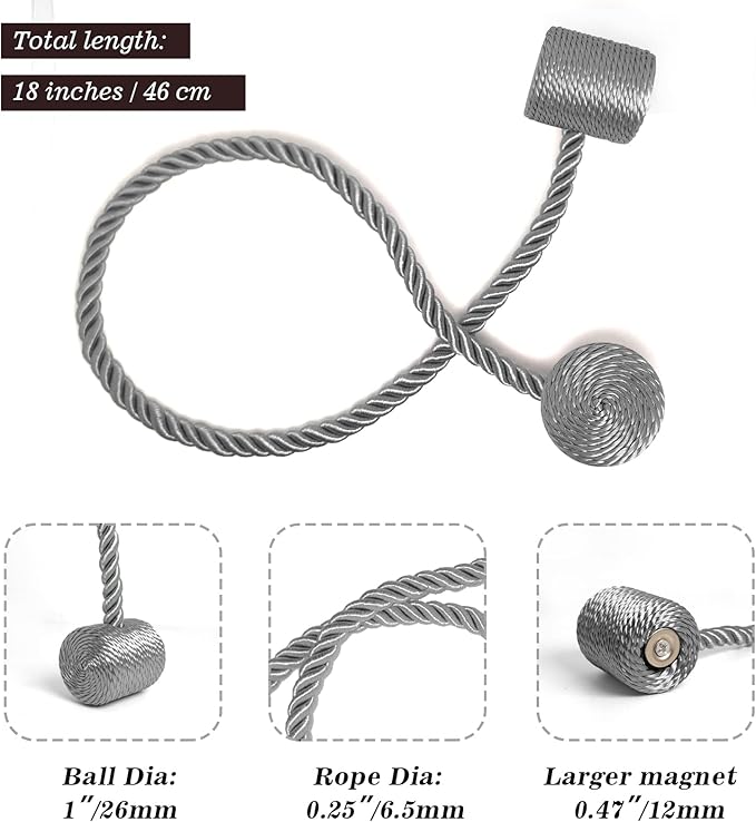 Hion Magnetic Curtain Tiebacks Grey 2pcs, Curtain Tiebacks Buckles Holdbacks - Image 3
