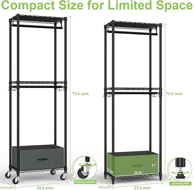 Clothes Rack with Drawers, Freestanding Rolling Garment Rack - Image 5