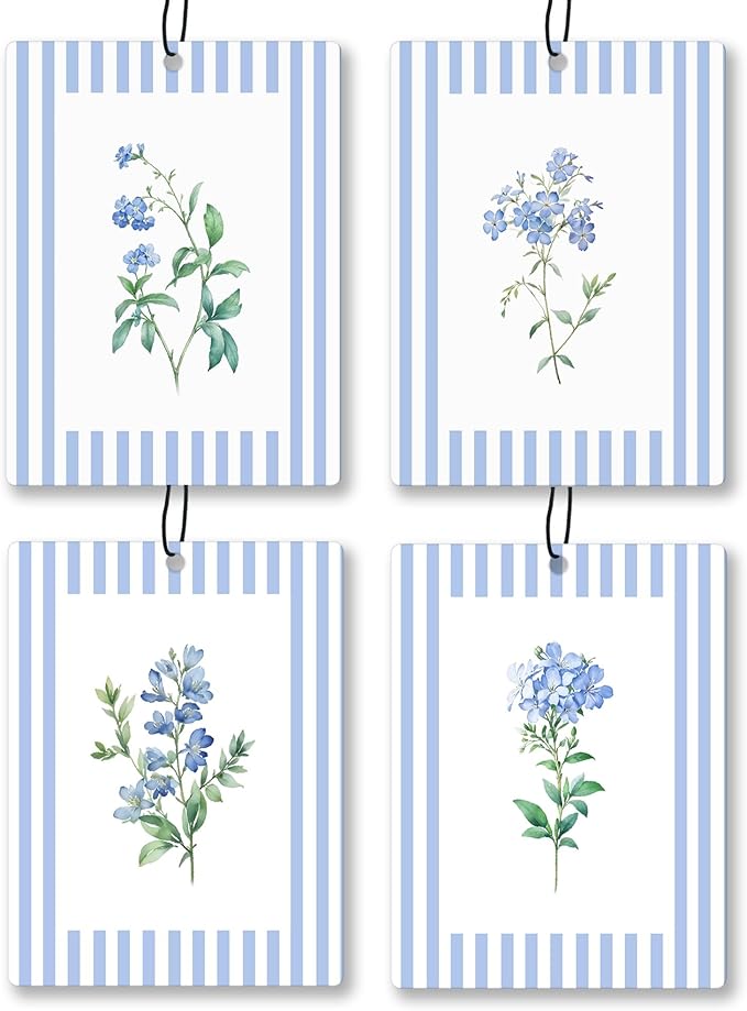 Rustic Blue Floral Car Air Freshener 4 Pcs, Preppy Blue Striped Flower Hanging by Unknown