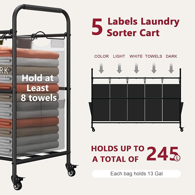 Tajsoon 5 Bag Laundry Sorter Cart, 5 Section Laundry Hamper - Image 3