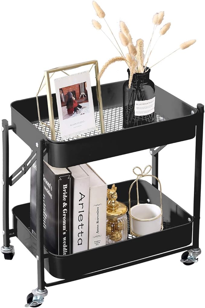2-Tier Metal Folding Rolling Cart, Mobile Utility Cart Trolley Storage Organizer by MelodyHouse