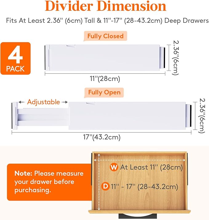Lifewit 4 Pack Kitchen Drawer Dividers 2.36" High, Plastic Expandable - Image 3