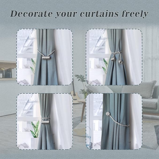 Hion Magnetic Curtain Tiebacks Grey 6 Pack, Curtain Tiebacks Buckles Holdbacks - Image 4
