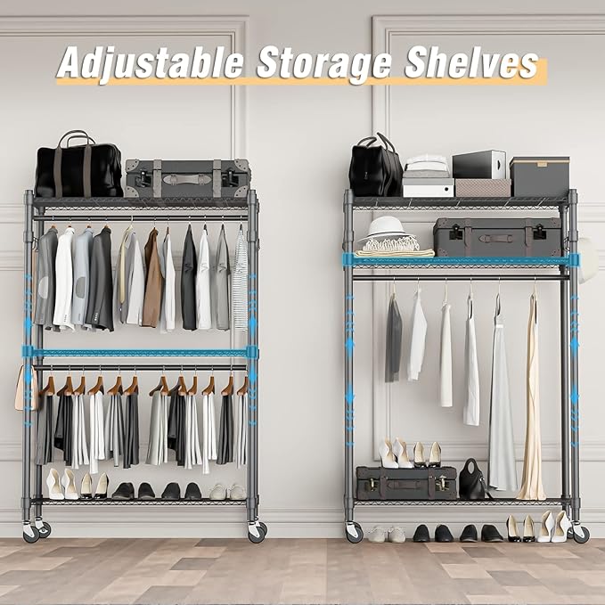 Homdox Rolling Clothes Rack Heavy Duty, 3-Tier Adjustable Wire Shelving Garment - Image 3