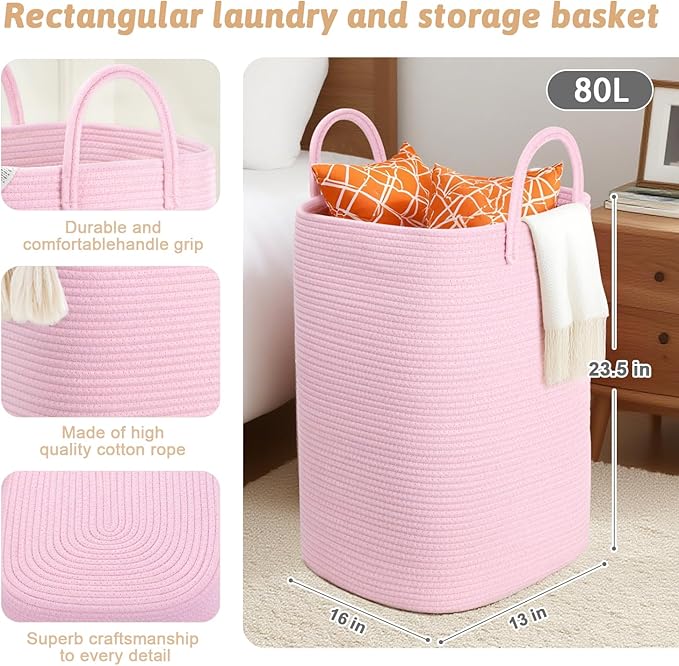 Laundry Basket, Woven Cotton Rope Laundry Hamper, 80L Versatile Storage - Image 2