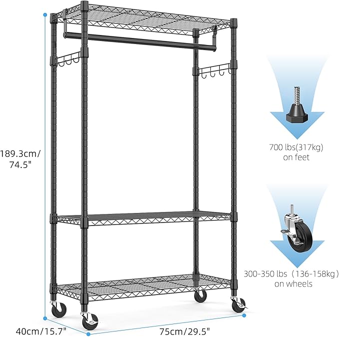 Heavy Duty Rolling Garment Rack 3 Tiers Adjustable Wire Shelving Clothes Rack - Image 6
