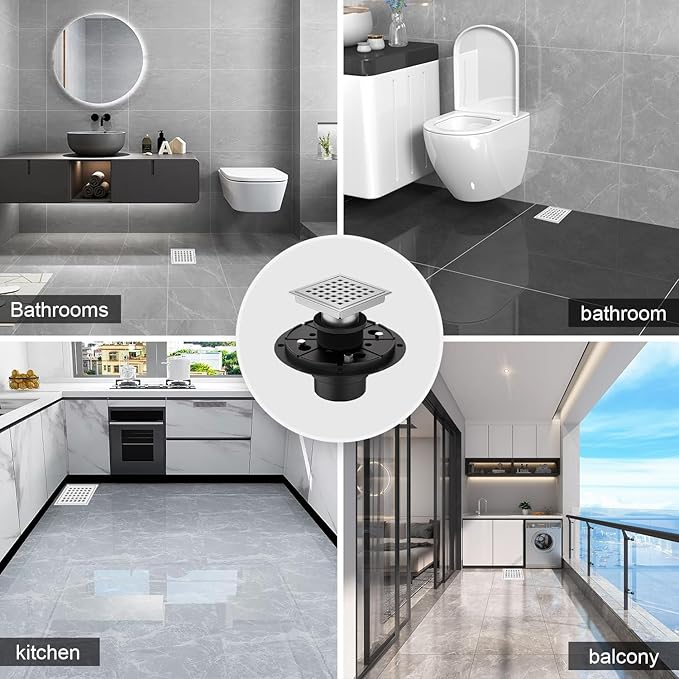 6 Inch Square Shower Floor Drain Brushed Stainless Steel Drain Kit - Image 5