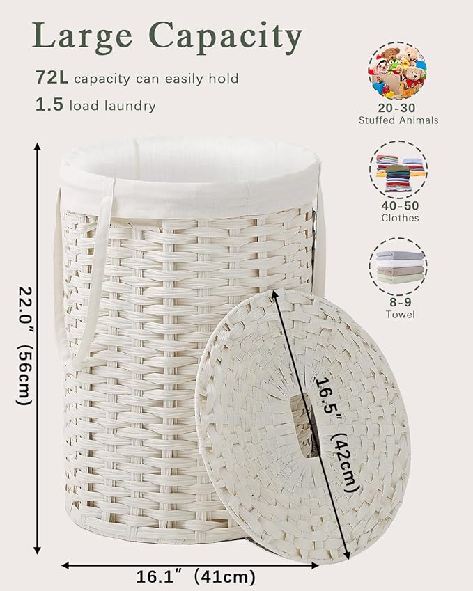 Laundry Hamper with Lid Laundry Basket with Lid 19.0 Gal Round Wicker Laundry - Image 4