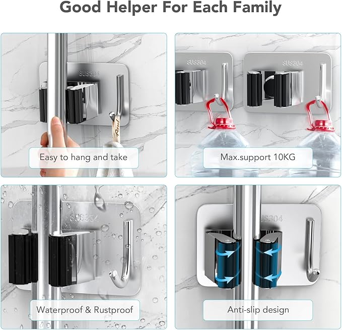 Mop Broom Holder No Drill, Mop Broom Organizer Wall Mounted Heavy Duty - Image 4
