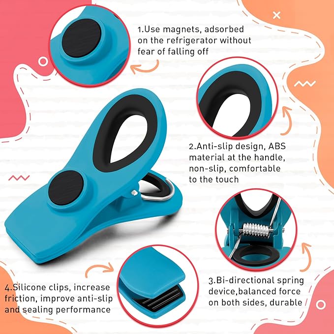 FINDMAG 12 Pack Chip Clips, Big Food Clips Blue Magnetic Clip, Magnetic Bag - Image 2