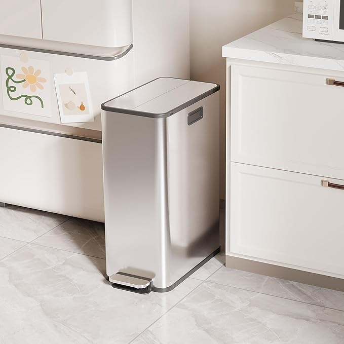 2 x 7.4 Gal Slim Trash Can, Stainless Steel Dual Compartment Step-On Recycling - Image 6