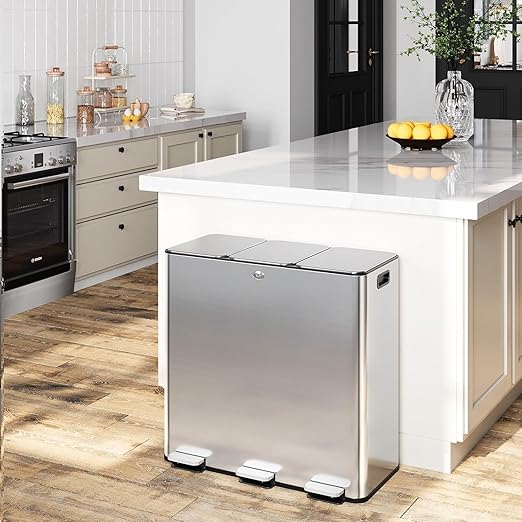 3 x 7.9 Gal Trash Can, Stainless Steel Triple Compartment Step-On Recycling Bin by Unknown