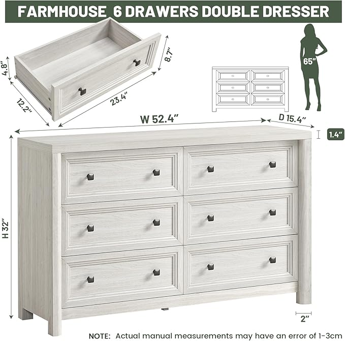 Farmhouse 6 Drawers Dresser for Bedroom, Metal Handle, Storage Closet Dressers - Image 2