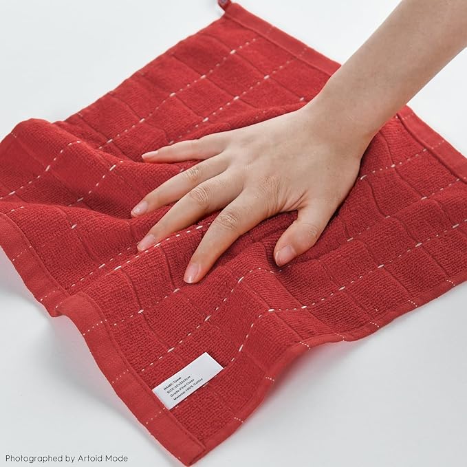 Artoid Mode Checkered Designed Cotton Beige Red Terry Kitchen Dish Cloths - Image 5