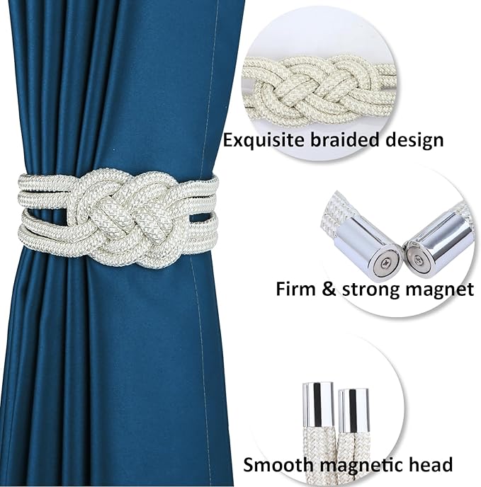 2 Pack Magnetic Curtain Tiebacks, Hand Weave Rope Knot Decorative Curtain - Image 3