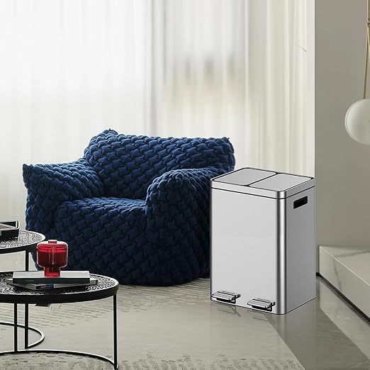 2 x 5.3 Gal Trash Can, Stainless Steel Triple Compartment Step-On Recycling Bin - Image 6