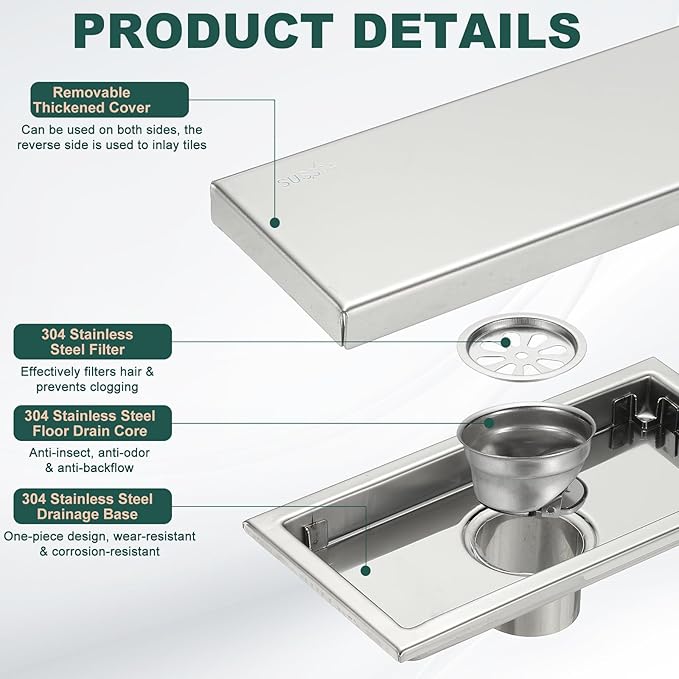 uxcell Rectangular Shower Drain, Brushed 304 Stainless Steel Odor-Proof Floor - Image 3