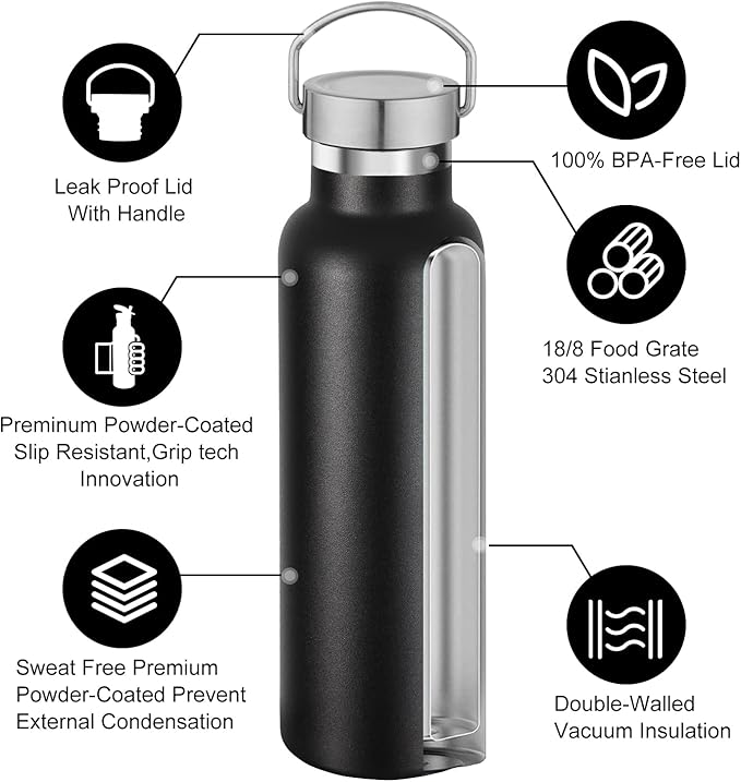 Neihepal Black Stainless Steel Water Bottles, 20 Ounce Vacuum Insulated Double - Image 3