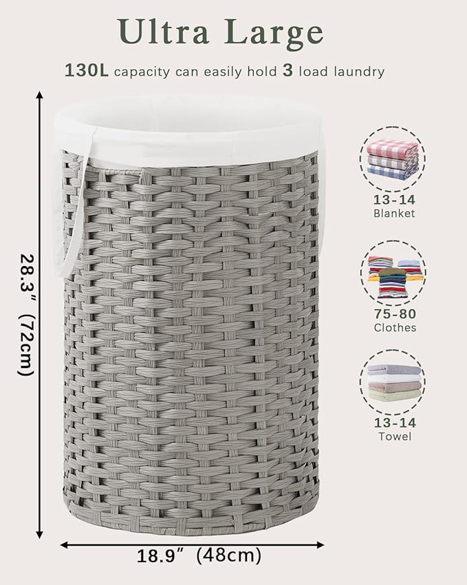 34.3 Gal Large Laundry Hamper Laundry Basket Round Handwoven Wicker Laundry - Image 5