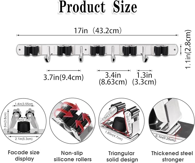 2 Pack Mop and Broom Holder Wall Mount, 5 Racks and 4 Hooks Broom Organizer - Image 3