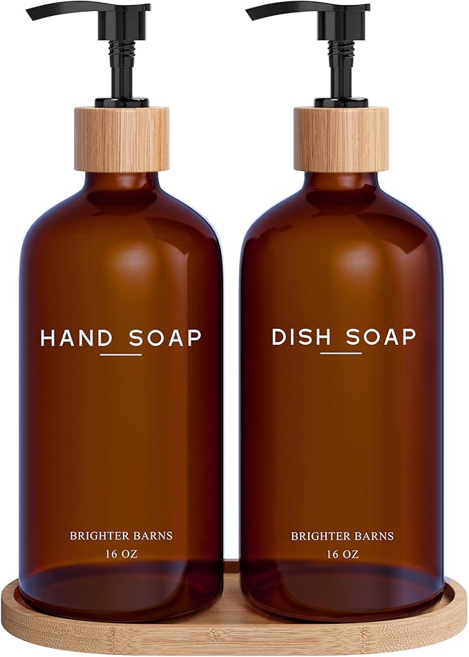 Amber Glass Hand and Dish Soap Dispenser Set by Brighter Barns by BrighterBarns