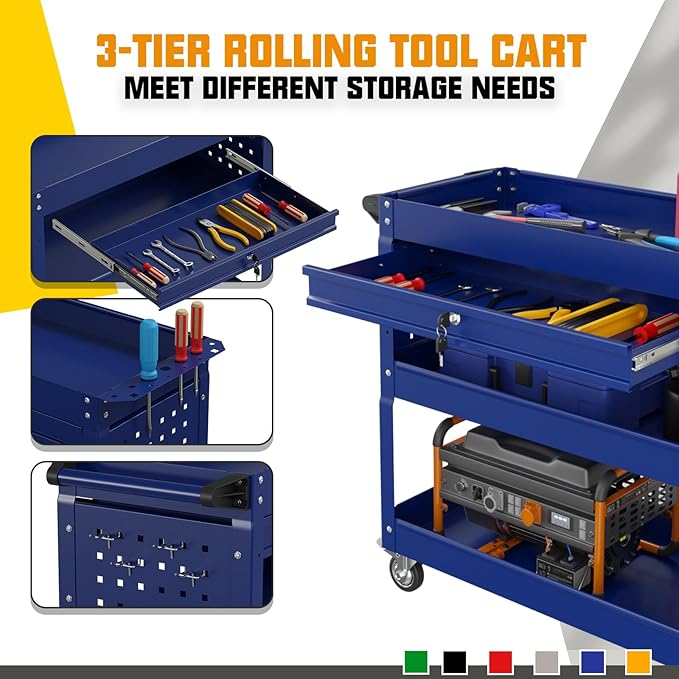 3 Tier Rolling Tool Cart with Drawers, 450 LBS Capacity Tool Cart on Wheels - Image 5