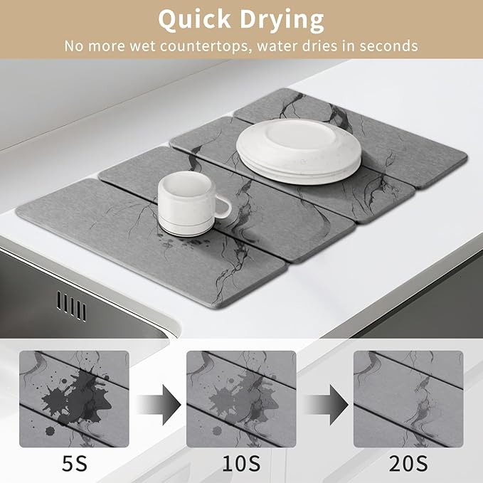 Large Stone Drying Mat for Kitchen Counter24"x16", Misty Gray, Diatomaceous - Image 2