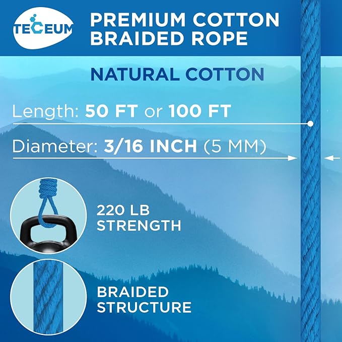 TECEUM Cotton Rope 3/16” – 100 FT – Strong All-Purpose Braided Rope – Natural - Image 2