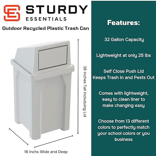 32 Gallon Square 100% Recycled Plastic Heavy Duty Outdoor Trash Can - Image 2