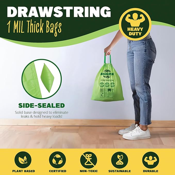 2.6-3 Gallon Compostable Trash Bags Drawstring 50 Bags Extra Thick 1 Mil 11.36 - Image 3
