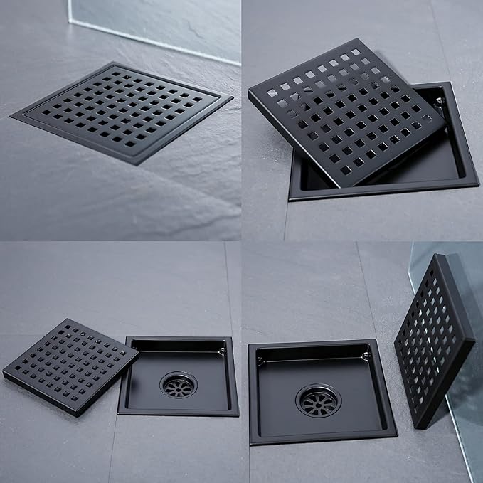 RANDOM Matte Black Square Shower Drain 6 Inch Drain Cover 304 Stainless Steel - Image 8